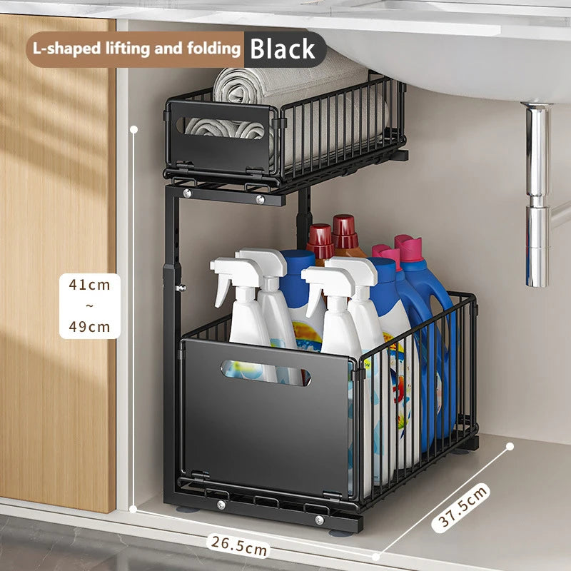 2 Tier Under Sink Organizer Adjustable Pull Out Cabinet Organizer Slide Out Kitchen Storage Racks Thickened Metal Sliding Drawer