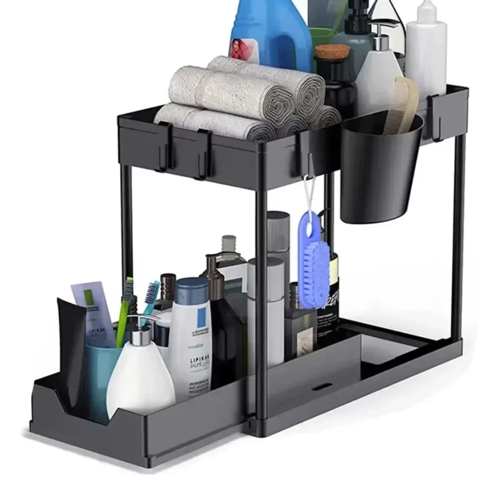 2 Tier Under Sink Organizer Sliding Cabinet  Organizer Storage Rack with Hooks Hanging Cup Bathroom Kitchen Organizer