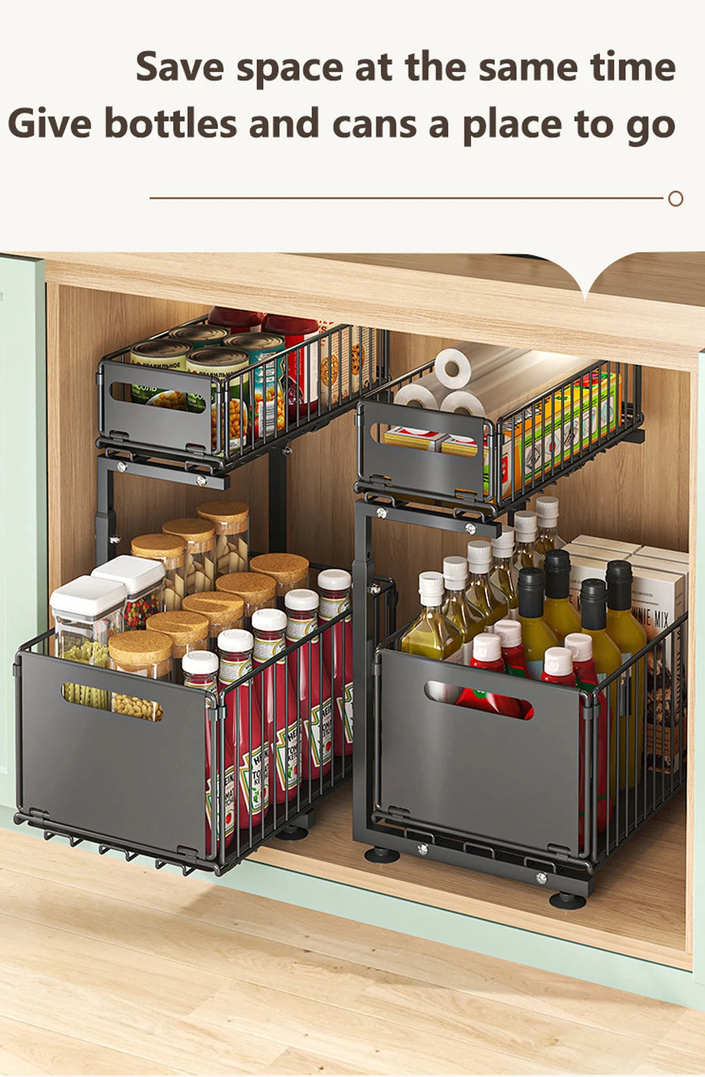 2 Tier Under Sink Organizer Adjustable Pull Out Cabinet Organizer Slide Out Kitchen Storage Racks Thickened Metal Sliding Drawer