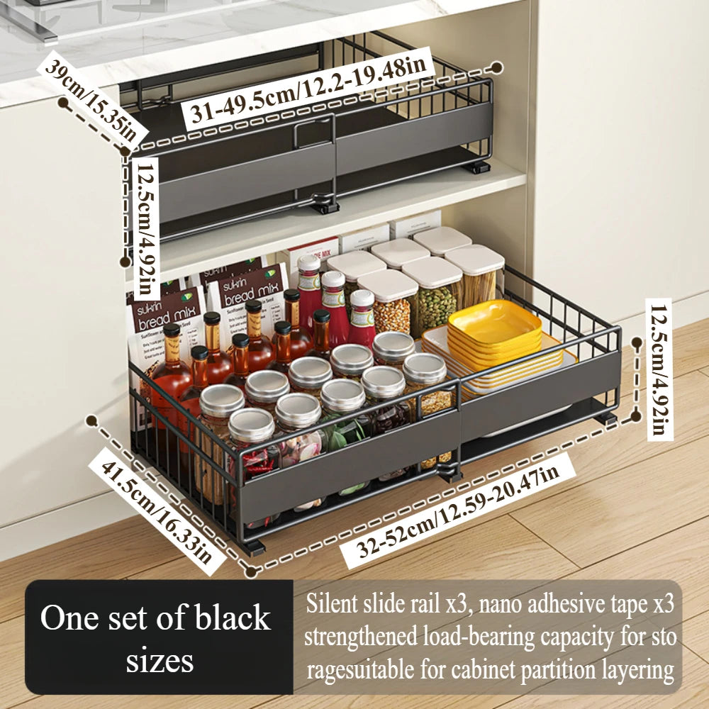 Drawer storage rack silk sliding pull-out cutlery spice bottle rack suitable for kitchens, bathrooms etc, optimizing more space