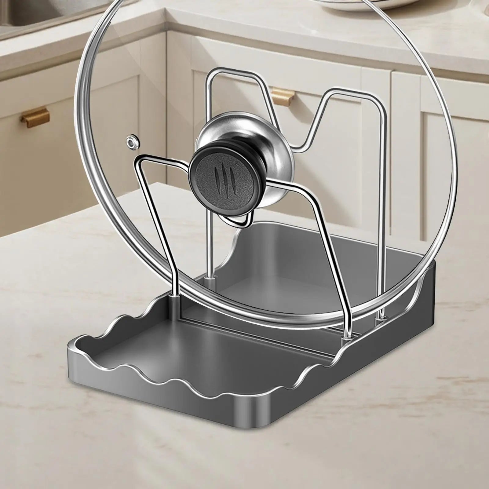 Pot Lid Organizer Vertical Spoon Display Stand with Drip Tray Stainless Pot Lid Storage Rack for Kitchen Baking Cooking Pantry