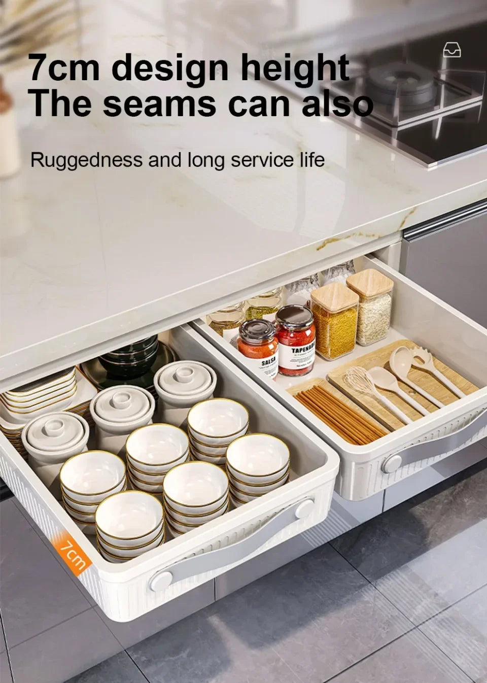 Kitchen Drawer Storage Rack with Slide Rails Pull-out Cabinet Organizer Free Installation Non Punched Easy To Clean Storage Box