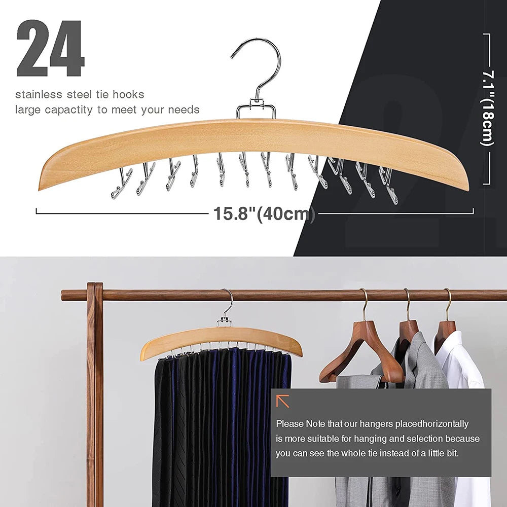 Tie Rack Tie Hanger 24 Hooks Wooden Tie Organizer, Tank Top Hanger, Belt Organizer for Closet,with Upgraded 360°Rotating, Belts