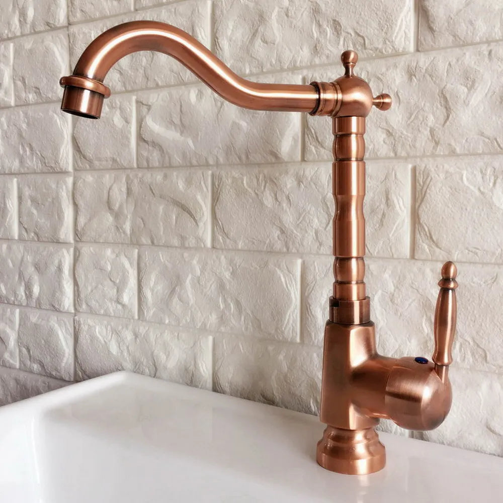 Antique Red Copper Kitchen Sink Faucet Swivel Spout Washbasin Faucets Cold and Hot Water Mixer Bathroom Taps Deck Mounted lnf401