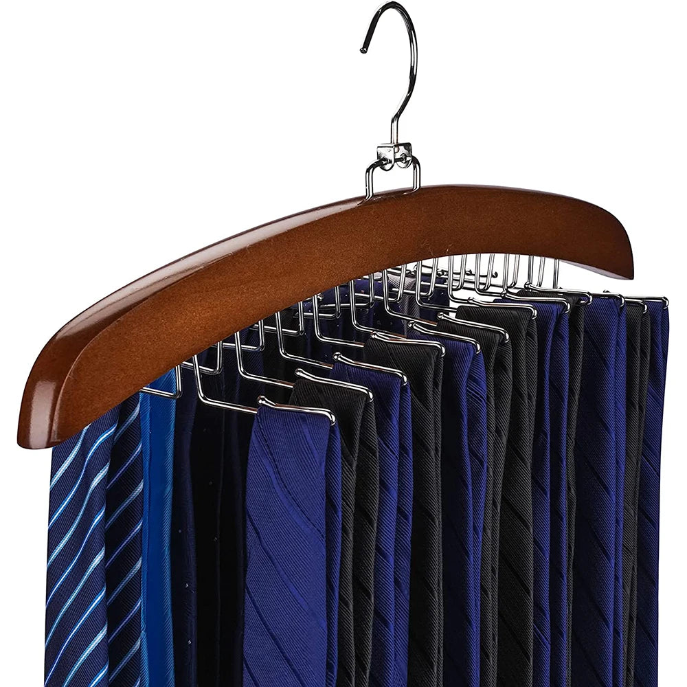 Tie Rack Tie Hanger 24 Hooks Wooden Tie Organizer, Tank Top Hanger, Belt Organizer for Closet,with Upgraded 360°Rotating, Belts