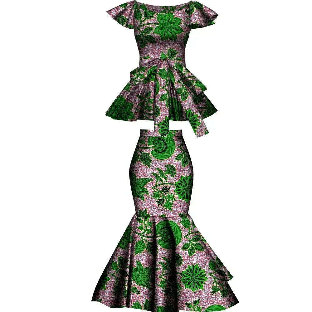 African Two Pcs Set Flared Skirt and Top Dashiki Wax Print Cotton Plus Size Party Clothing WY10076