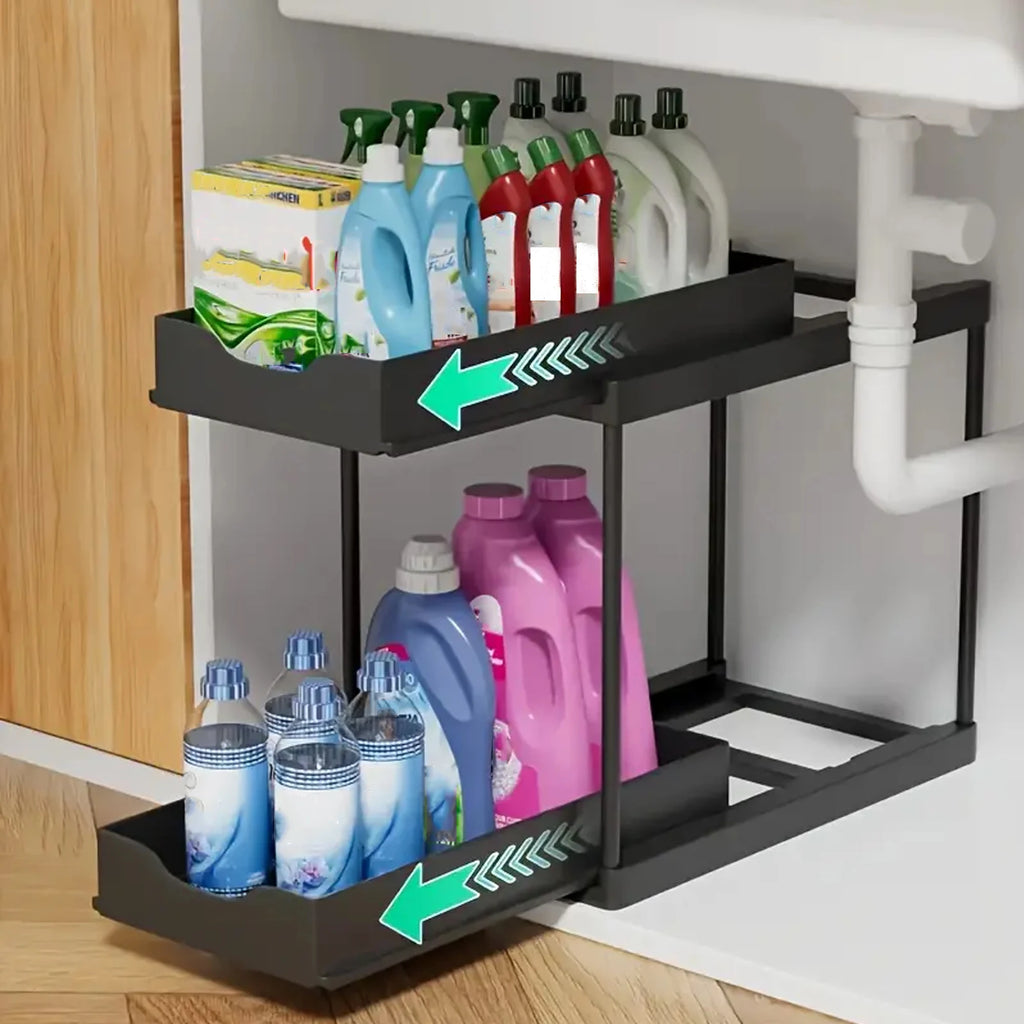 Double-Layer Pull-Out Kitchen Storage Rack, Non-Slip and Stable, Multifunctional Storage Box with Five Hooks, Under-Sink Brush Double-Layer Drawer Storage Rack, Suitable for Kitchen and Bathroom Countertop Sink Storage