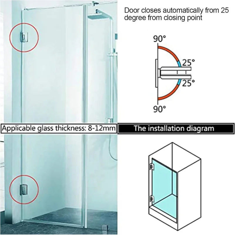 90 Degree Stainless Steel Glass Shower Door Hinges for 8-12mm Frameless Glass Doors Heavy Duty Wall to Glass Bathroom Clamps