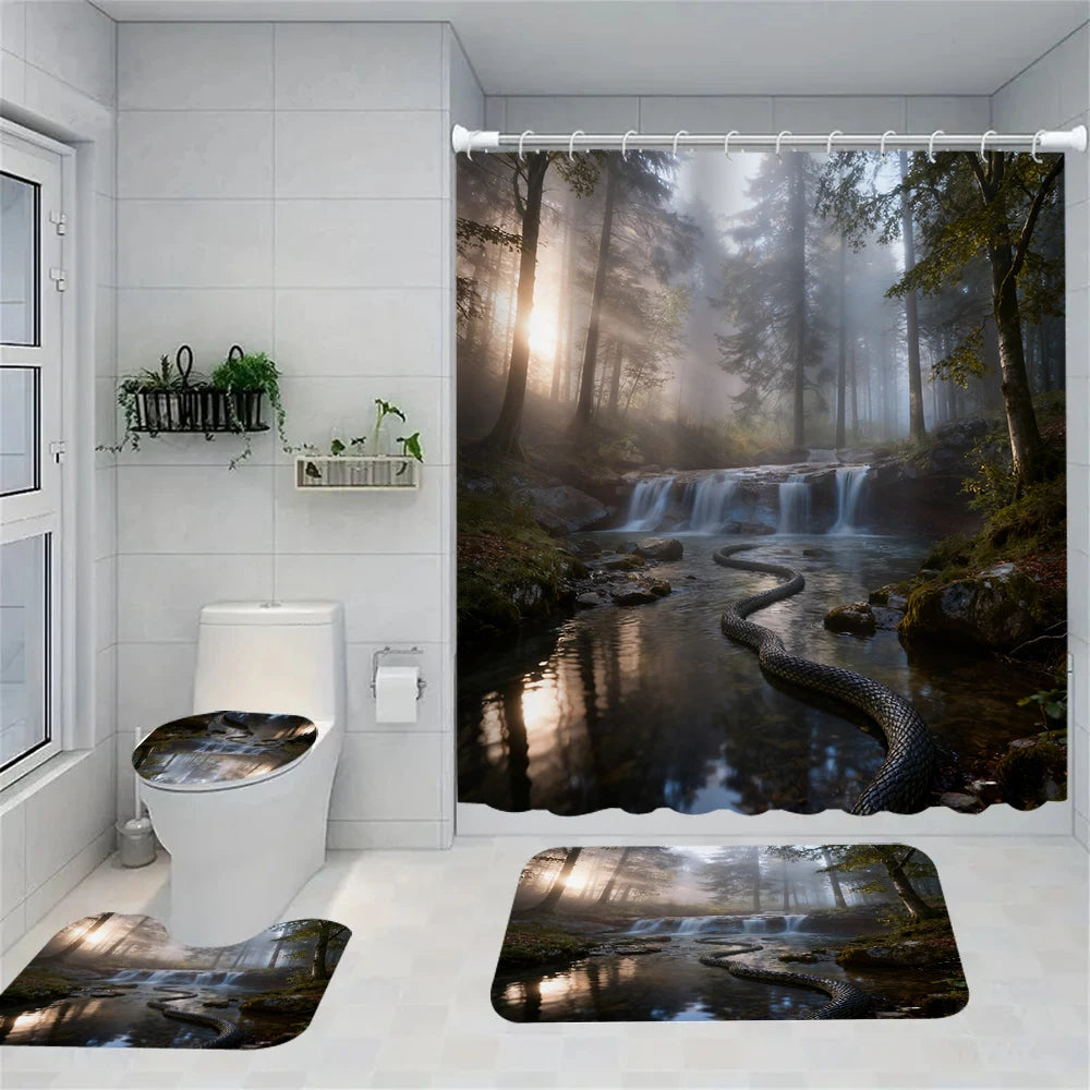 1/4 Forest Waterfalls  print shower Curtains, Toilet Seat Decoration, Shower Curtain with Carpet and Toilet Lid, 70.8x70.8 inch