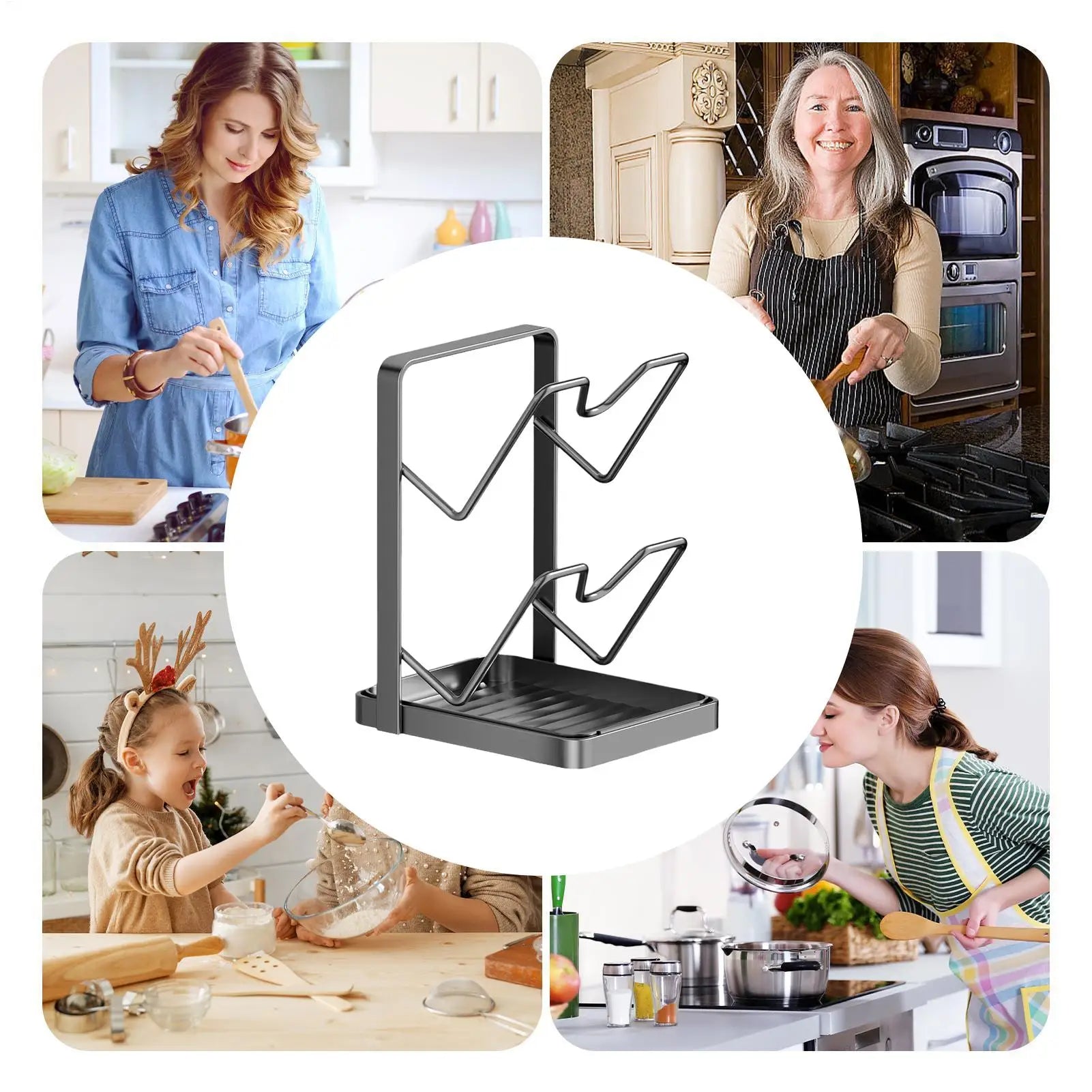 2 Tier Pot Lid Organizer Cutting Board Rack Pan Lid Holder for Kitchen Utensils Spatula Ladle Spoon Countertop Storage Solution