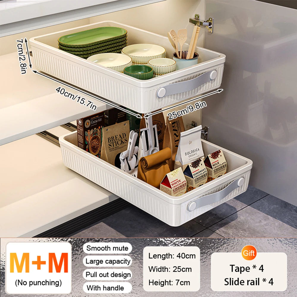 2PCS Kitchen Drawer Storage Rack with Slide Rails Pull-out Cabinet Organizer Storage Tray Spice Seasoning Bottle Storage Rack