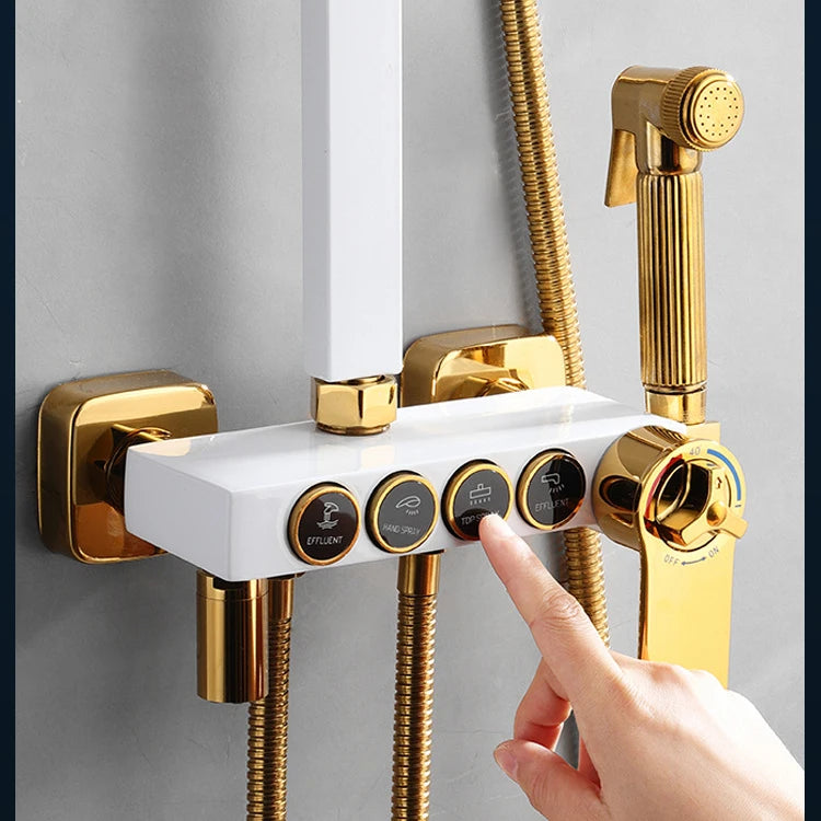 Thermostatic Bathroom Shower Set White Gold Bathroom Faucet Accessories 12 Inch Rain Shower Head Hot Cold Bathroom Shower System
