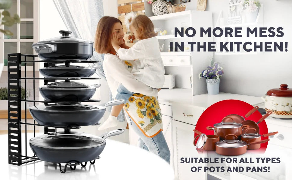 Pot Rack Organizer, 8 Tier Pots and Pans Organizer for Kitchen Organization & Storage, Adjustable Pot Lid Holders & Pan Rack