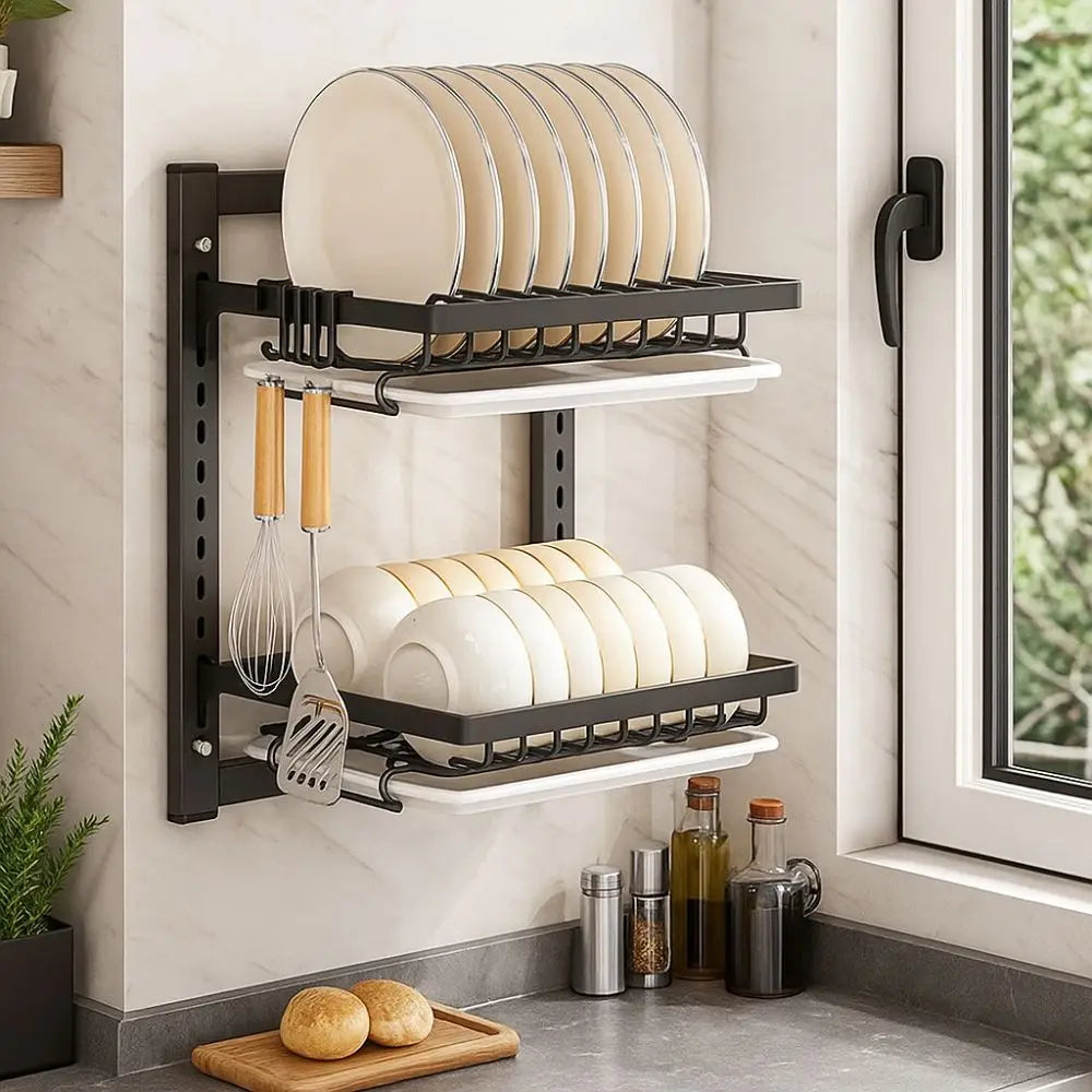 Wall Mounted Dish Drying Rack 2 Layer Rust-Proof Kitchen Storage Rack Compact Large Capacity Drain Tray Household