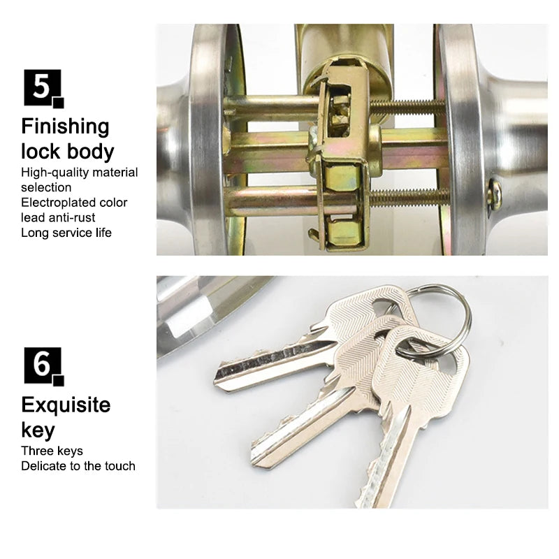Interior Round Ball Door Knobs, Key Handles, Stainless Steel Locksets for Bathroom, Bedroom