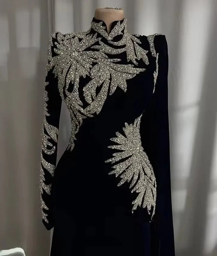 Elegant Black Velour Evening Dresses High Neck Long Sleeves Arabic Women Formal Long Party Gowns Met Gala Customized