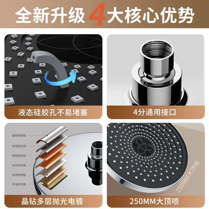 10 Inches Big Panel Large Flow Ceiling Mounted Supercharge Shower Head Set 3 Modes High Pressure Abs Rainfall Bathroom Shower ﻿