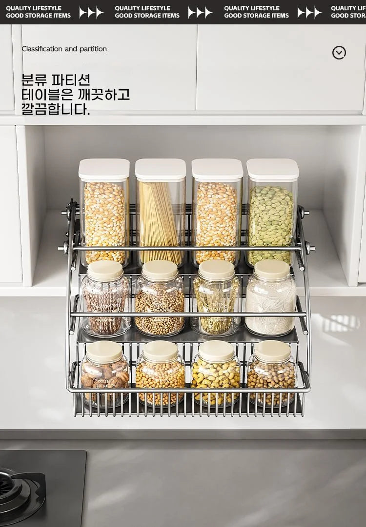 Pull-Down Cabinet Organizer Kitchen Vertical Lift  Multi-layer Spice Rack No-Drill Space Saving Heavy Duty Metal Rack holder New