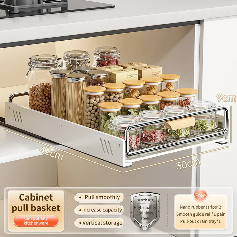 Drawer Wooden Handle Kitchen Dish Storage Rack Divider Dish Pullout Slider Punch-free Drawer Organiser Spice Racks Drainer Shelf