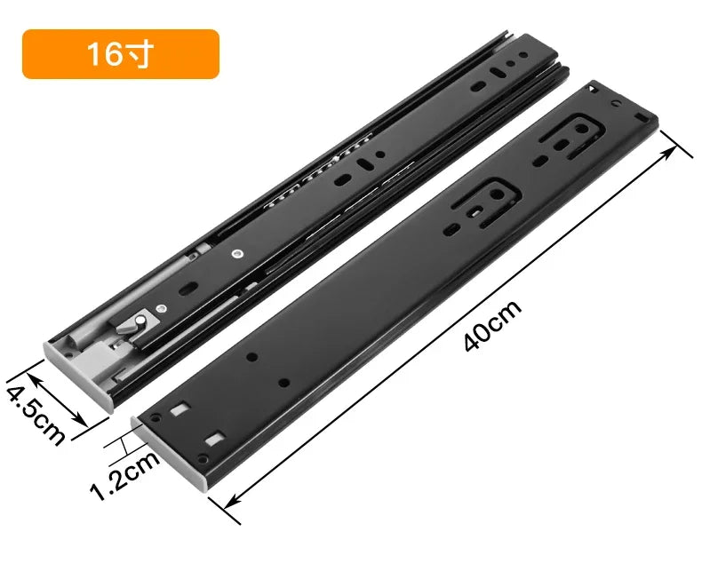 Heavy-Duty Soft-Close Drawer Slides - Automatic Three-Section Black Drawer Glide Tracks with Silent Rebound Mechanism