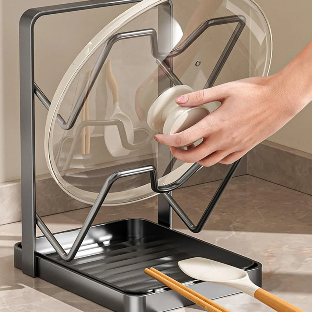 2 Tier Pot Lid Organizer Cutting Board Rack Pan Lid Holder for Kitchen Utensils Spatula Ladle Spoon Countertop Storage Solution