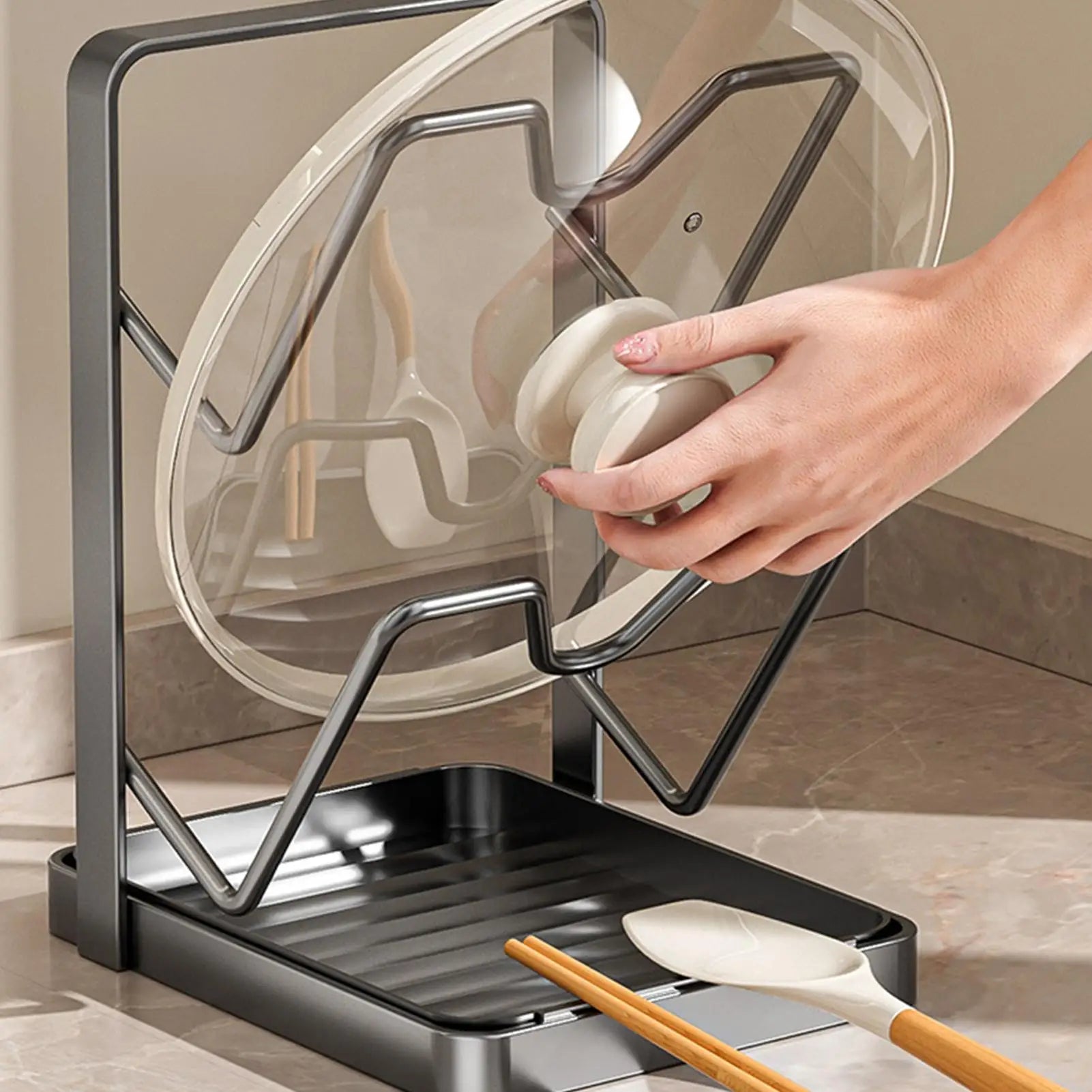 2 Tier Pot Lid Organizer Cutting Board Rack Pan Lid Holder for Kitchen Utensils Spatula Ladle Spoon Countertop Storage Solution