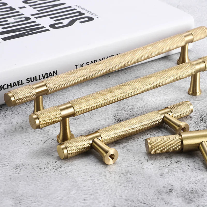 Modern Knurl Solid Brass Cabinet Knobs and Handles Golden Luxury Handles for Furniture Drawer Wardrobes Shoe Cabinets Pulls