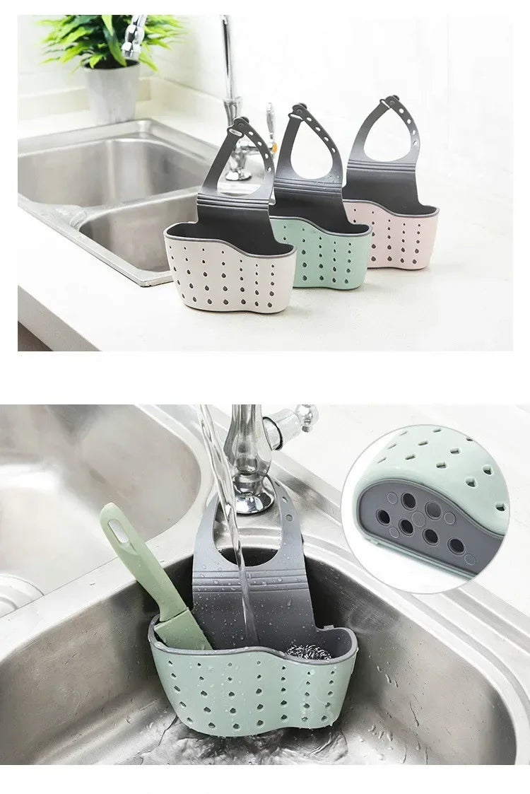 Bathroom and Kitchen Sink Accessories: Storage Holder with Suction Cup for Soap, Sponge and Drain Rack