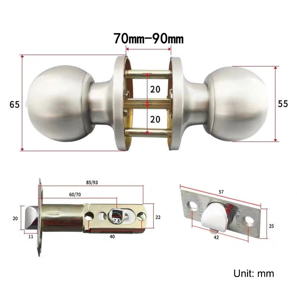 Interior Round Ball Door Knobs, Key Handles, Stainless Steel Locksets for Bathroom, Bedroom
