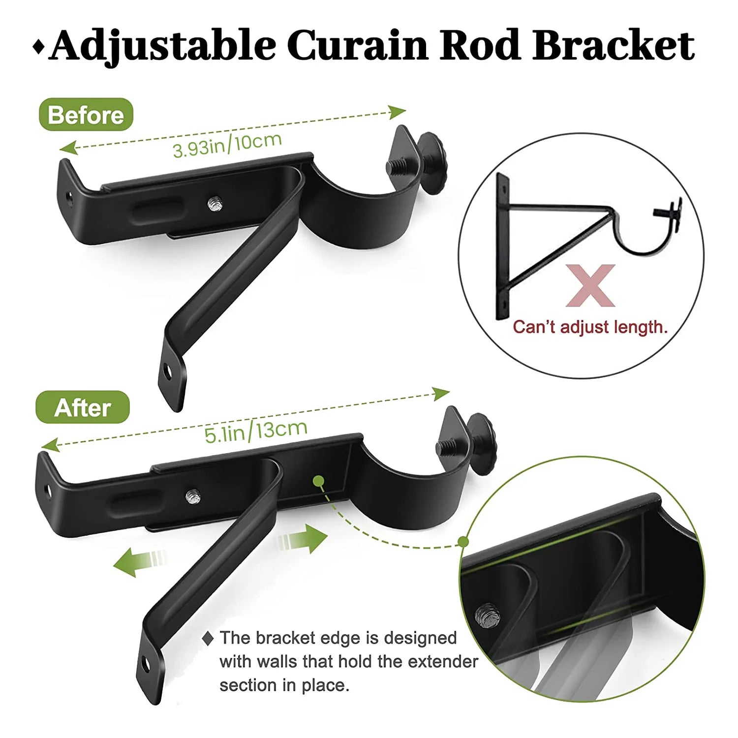 AA81-Curtain Rod Bracket, Adjustable Heavy Duty Curtain Rod Holders, Black Curtain Rods Hooks Hangers For Wall Drapery Rod