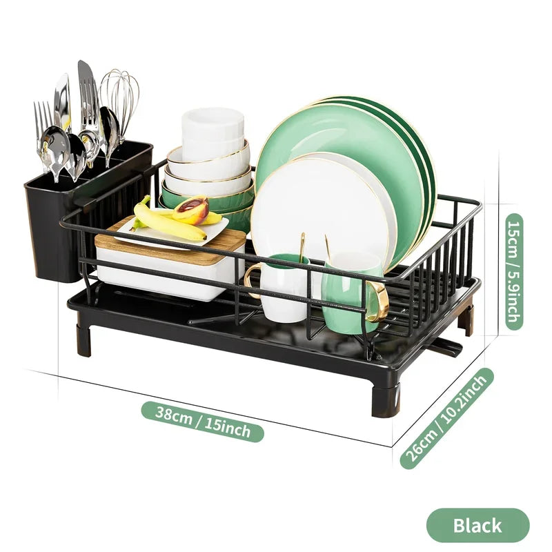 Metal Dish Draining Rack,Cutlery Rack With Drain Tray and Drip Line,Cup Holder,Cutlery Holder,Kitchen Countertop Storage Rack