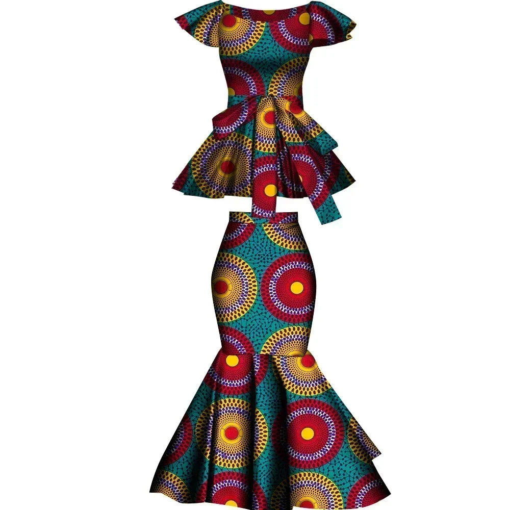 African Two Pcs Set Flared Skirt and Top Dashiki Wax Print Cotton Plus Size Party Clothing WY10076