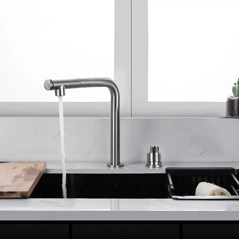 Pull-out Kitchen Sink Faucet Lift Concealed Hot And Cold Mixed Water Faucet 304 Stainless Steel Double Hole Single Handle Tap