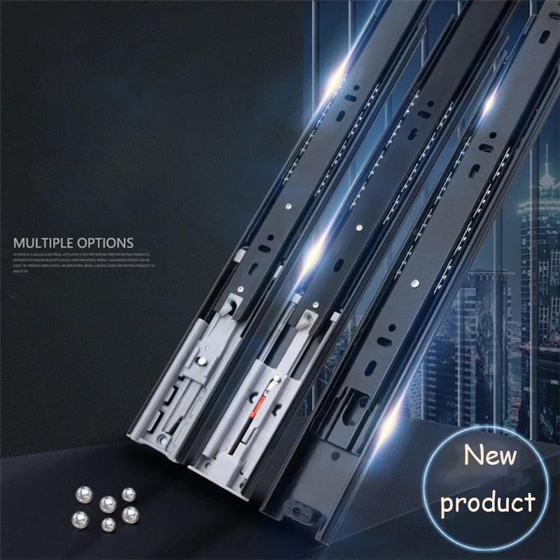 Drawer Rail Black Cold Rolling Steel 3-Way Drawers Slide Three Section Slides 8 to 22 Inch 3 Way Sliding Tracks Furniture Rails