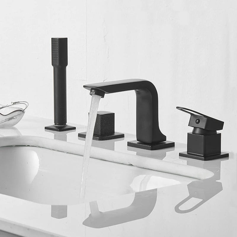 Bathroom Basin Faucet Widespread Bathtub Faucet Sink Mixer Tap 4-Holes Tub Filler with Pull Out Shower Sprayer Deck/Wall Mount