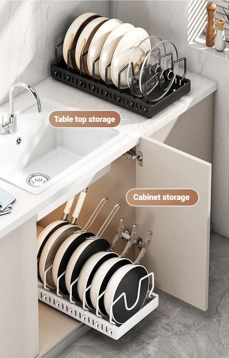 Pots and Pans Organizer Under Cabinet,Sliding Pot Lid Holder and Pan Rack Kitchen,Pull out Pot and Pan Organizer,Dishes Storage