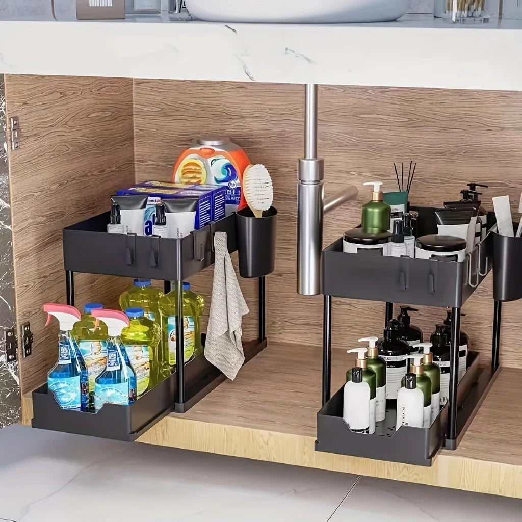 Under Sink Organizer, 2 Tier Sliding Cabinet Storage Basket with Hooks, Purpose Bathroom & Kitchen Organizer Shelf for Bathroom