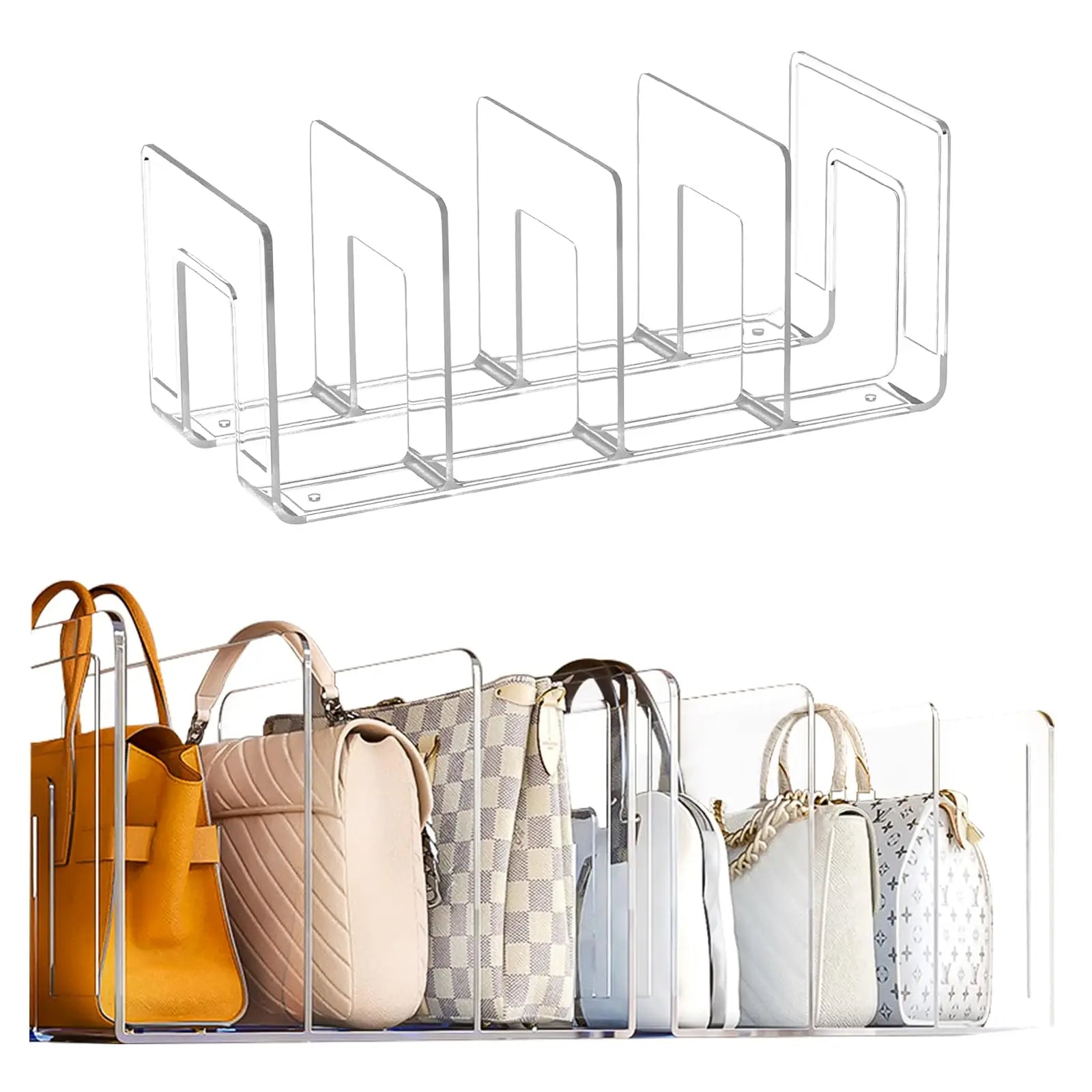 32x13x14.5cm Clear Plastic Purse Handbag Organizer 4 Sections Bag Closet Shelf Divider Purse Display Stand Handbag Organizer