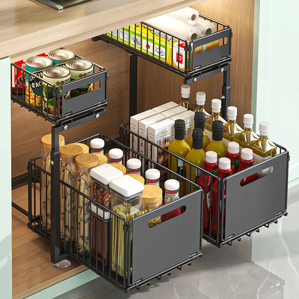 2-Tier Pull Out Cabinet Organizer Drawer Height Adjustable Kitchen Rack for Cabinet Under Sink Organizer Spice Jar Storage Shelf