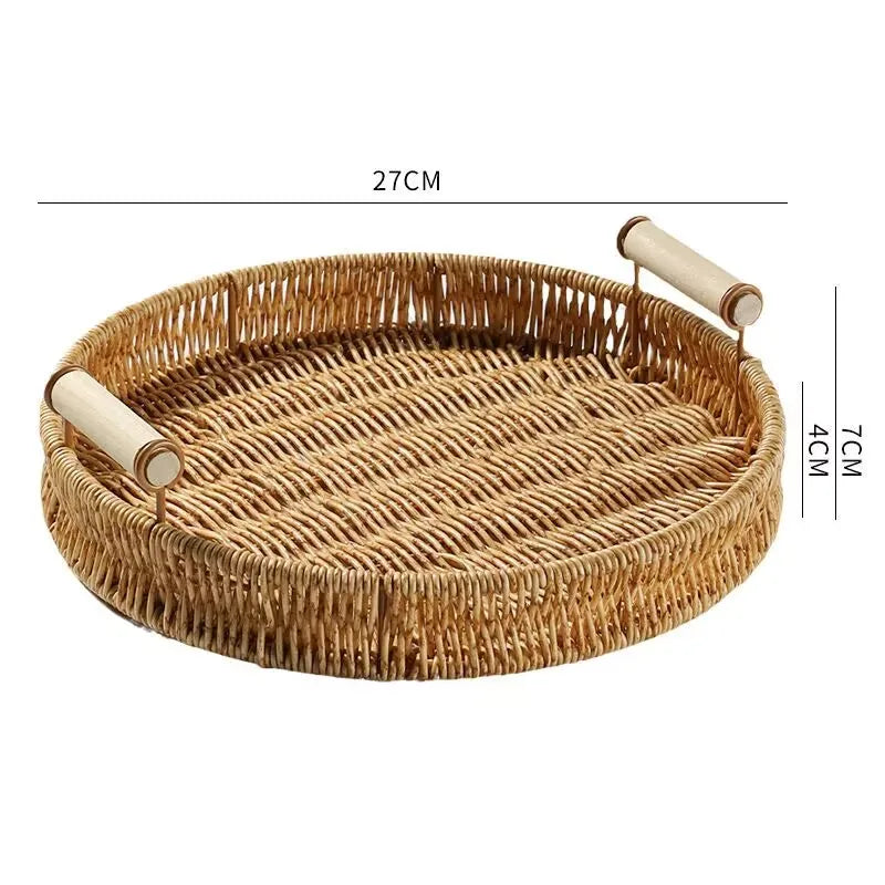 Plastic Storage Tray With Handle Imitation Rattan Weaving Basket Sundries Plate Fruit Platter Tea Tray Dinner Serving Tray