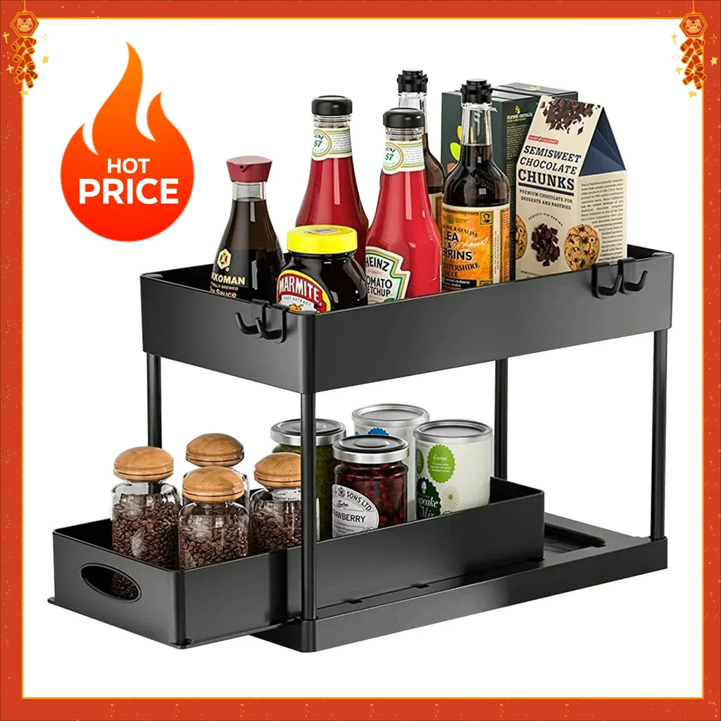2 Tier Under Sink Organizer Sliding Cabinet  Organizer Storage Rack with Hooks Hanging Cup Bathroom Kitchen Organizer