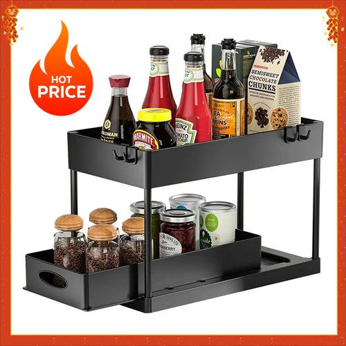 2 Tier Under Sink Organizer Sliding Cabinet  Organizer Storage Rack with Hooks Hanging Cup Bathroom Kitchen Organizer