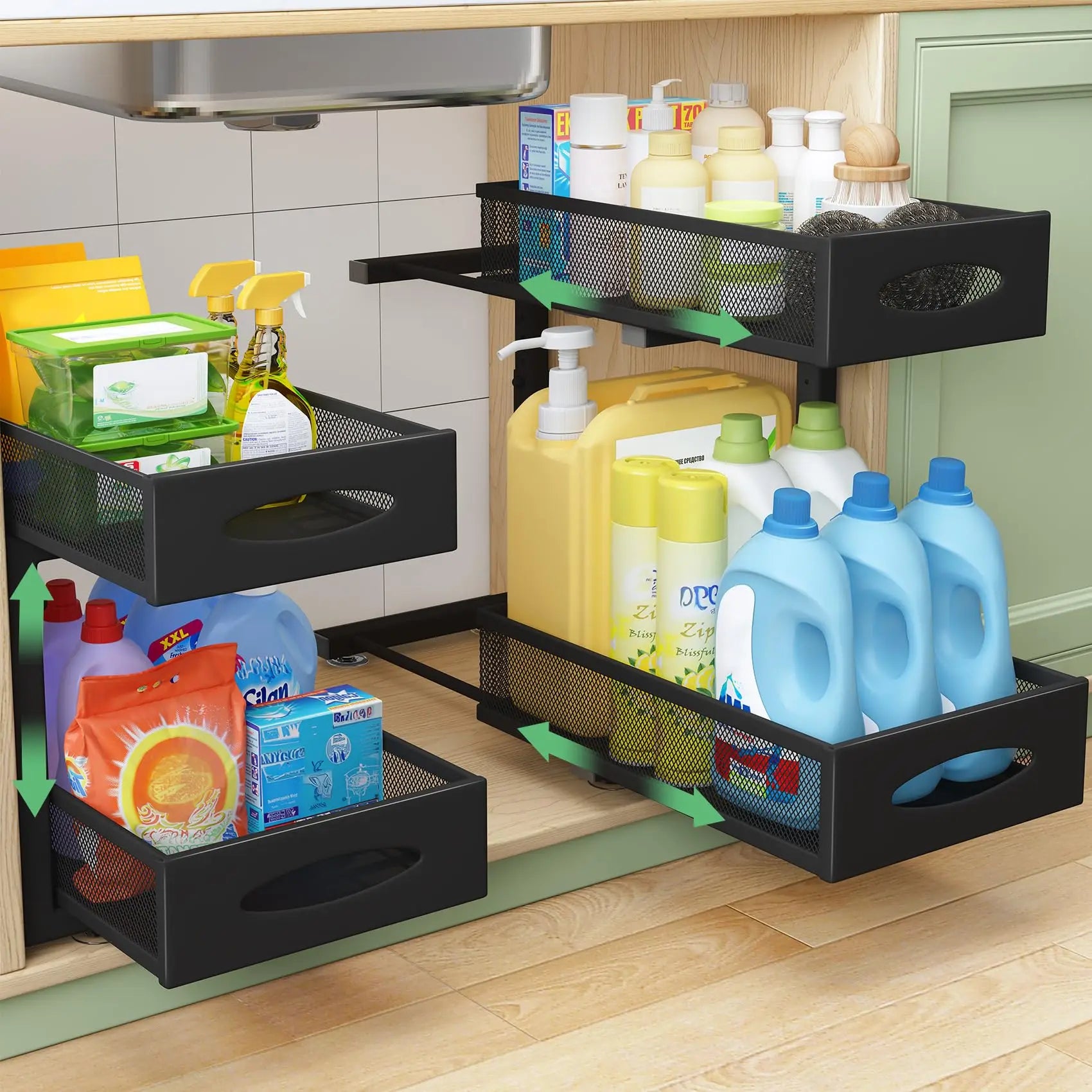 1 Pcs Under Sink Organizer, 2 Tier Pull out Cabinet Organizer Baskets with Mesh Sliding Drawers, Kitchen Slide out Storage Shelf
