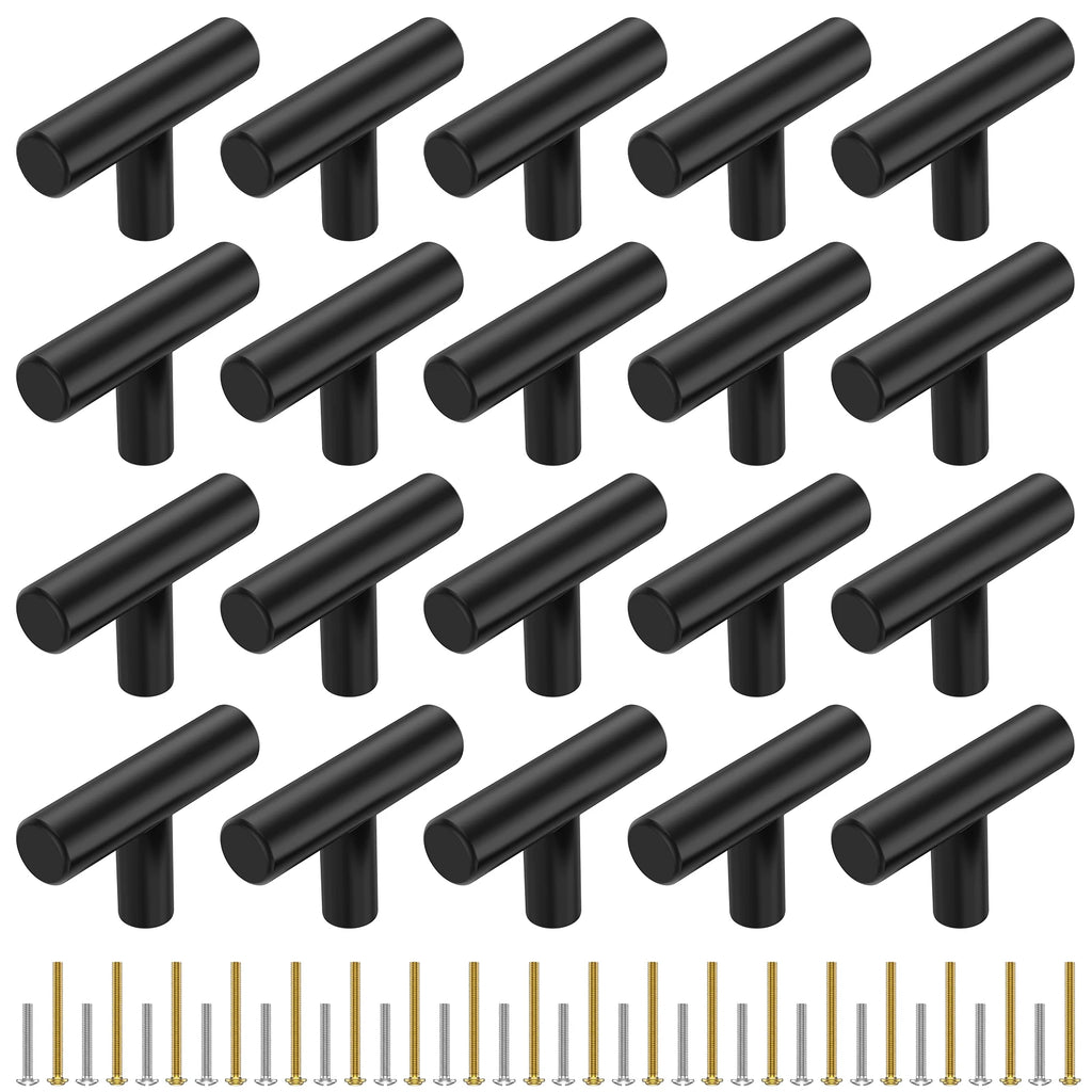 20 Pack Cabinet Knobs Matte Black Stainless Steel Kitchen Drawer Pulls Single Hole T-Shaped Handles 2 Inch Overall Length
