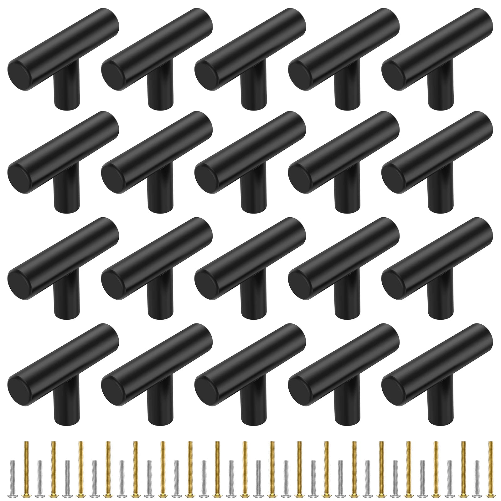 20 Pack Cabinet Knobs Matte Black Stainless Steel Kitchen Drawer Pulls Single Hole T-Shaped Handles 2 Inch Overall Length