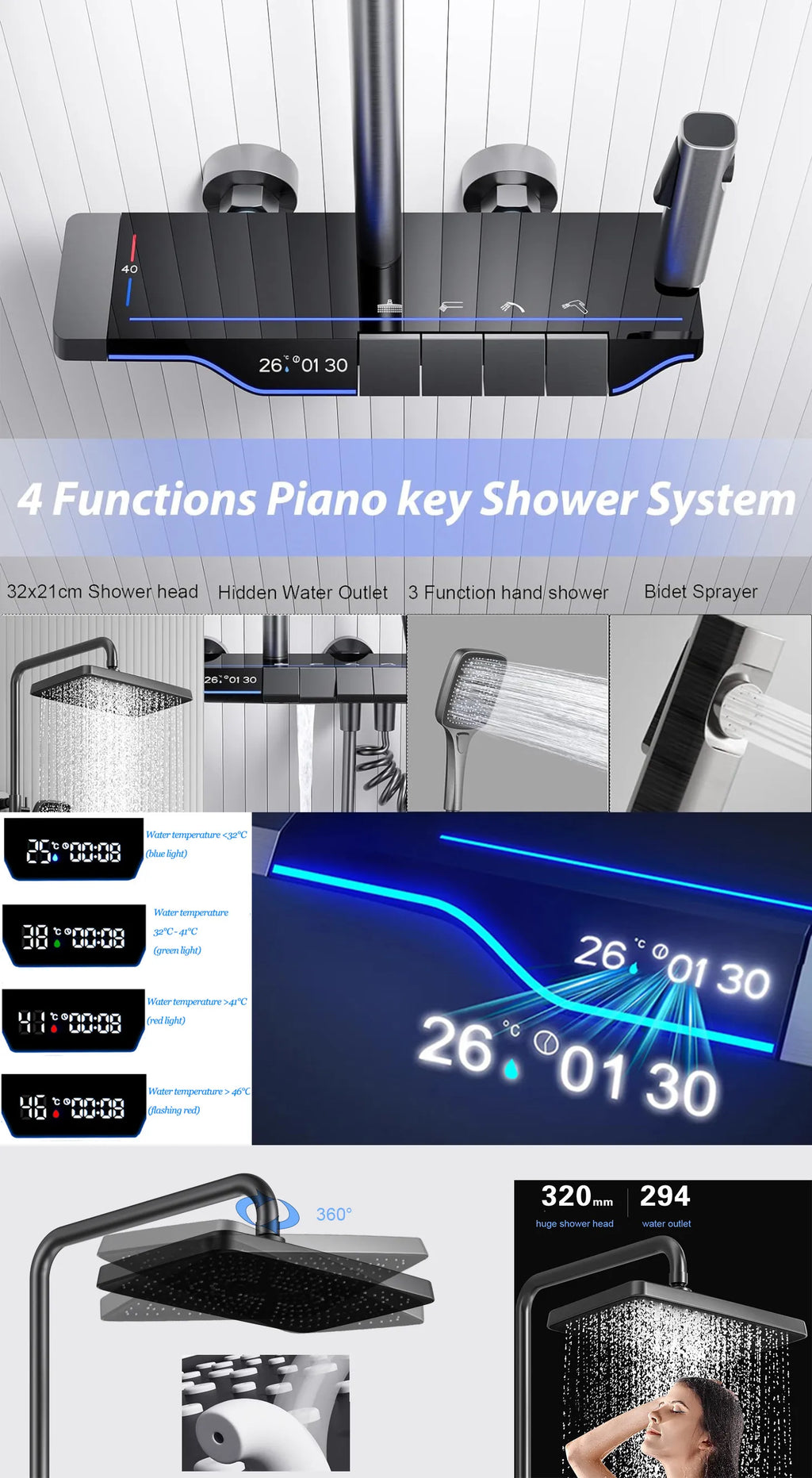 Piano Digital Bathroom Shower Set Senducs Hot Cold Bathroom Mixer Faucets System Brass Gun Grey Digital Piano Shower System