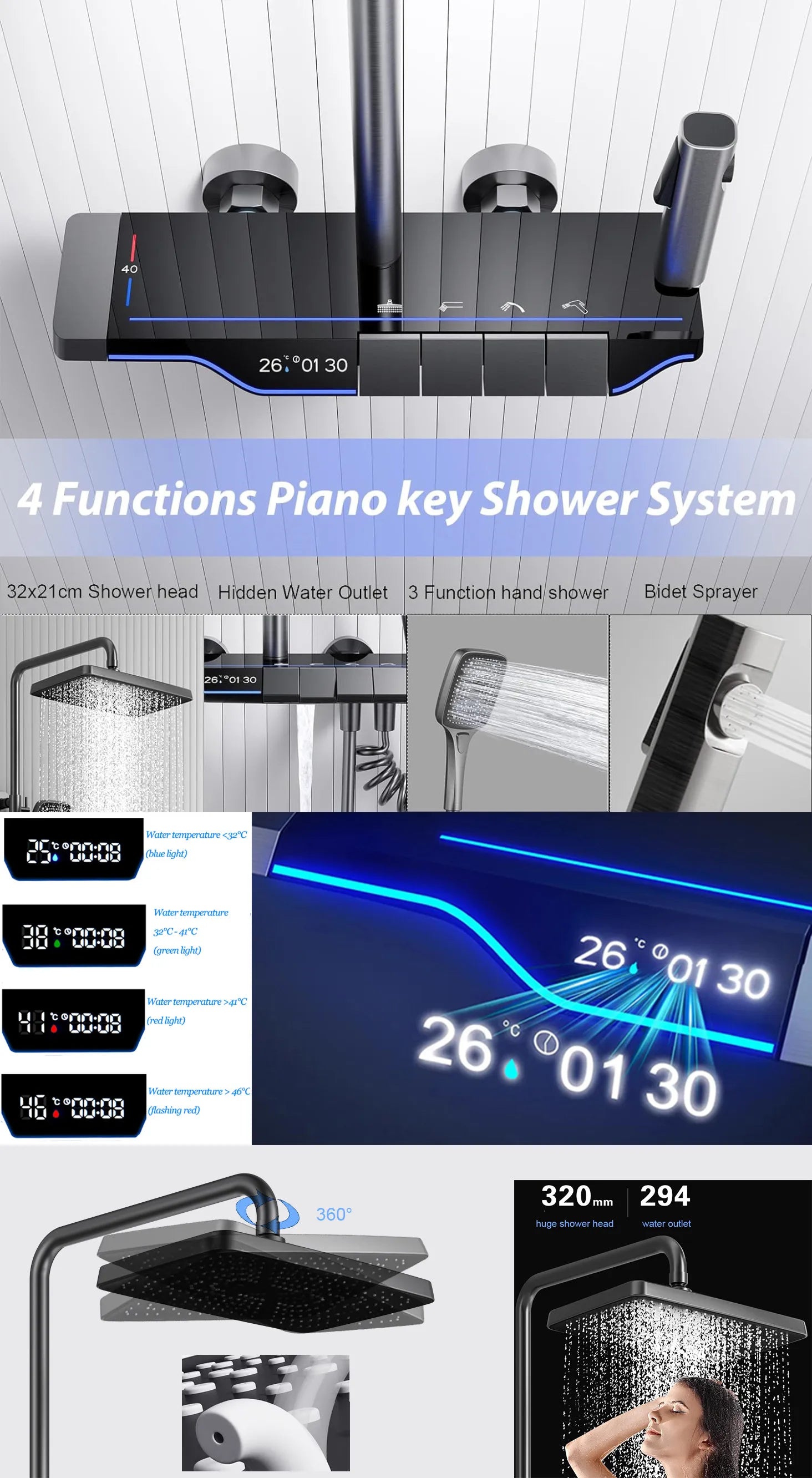 Piano Digital Bathroom Shower Set Senducs Hot Cold Bathroom Mixer Faucets System Brass Gun Grey Digital Piano Shower System