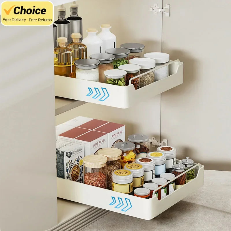 1pc Kitchen Storage Rack with Slide Rails Pull-out Kitchen Drawer Type Storage Tray Spice Box Storage Rack Cabinets Organizer