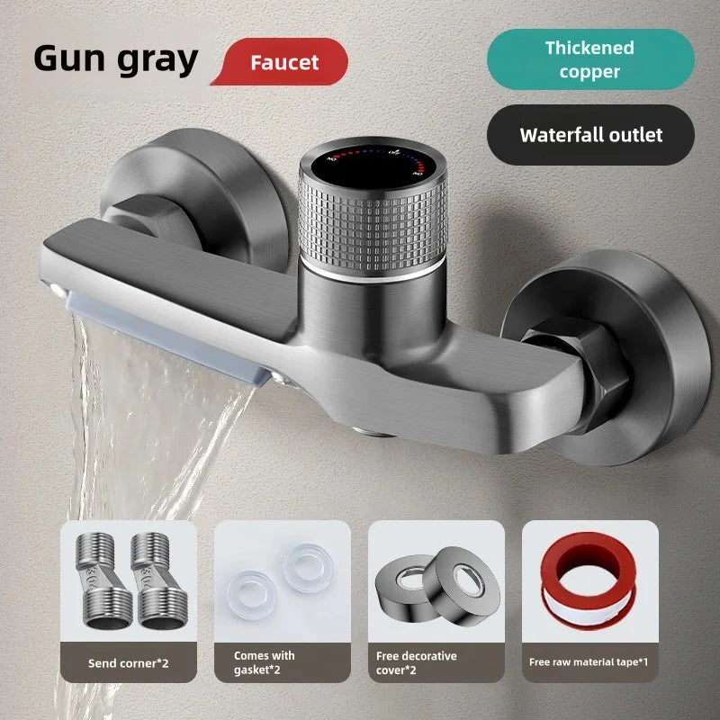 Bathtub Gray Waterfall Bathtub Faucet With Hand Shower Brass Chrome Wall Mounted Bathroom Shower Mixer Tap Shower system Set