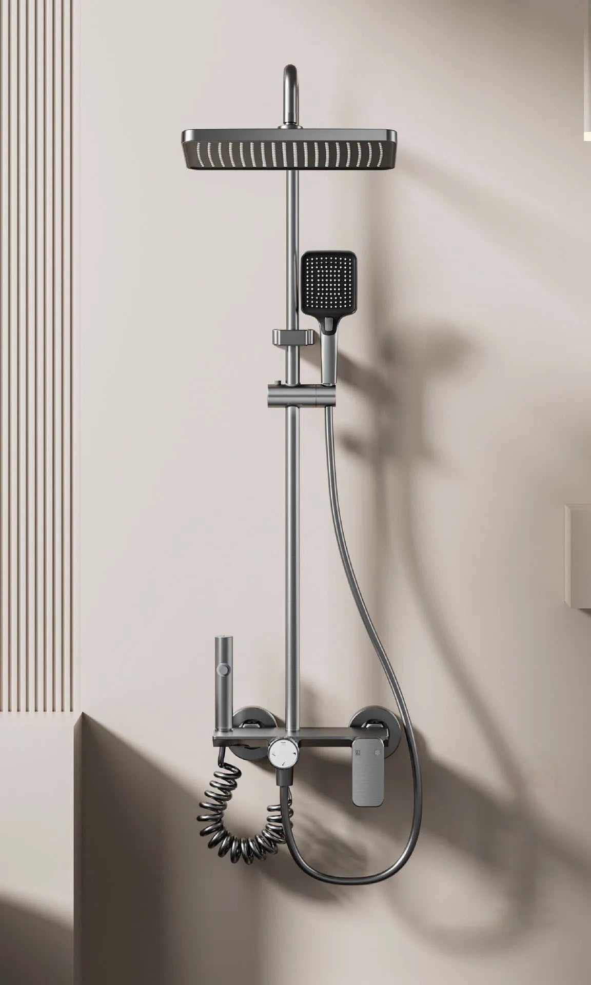 Bathroom Multifunction Shower System Set Household Rotary Knob Hot and Cold Water Pressurize Gunmetal Gray Aluminum Shower Set